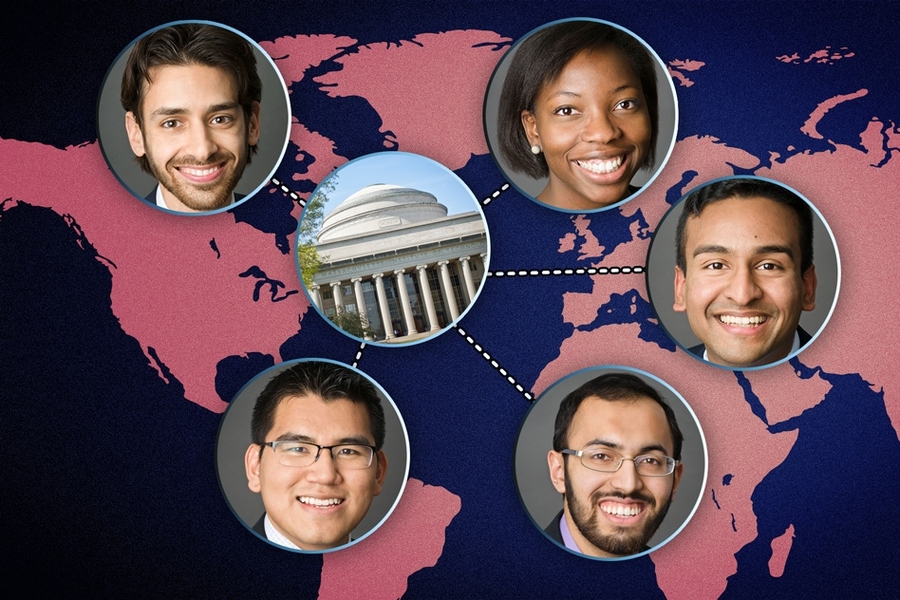 Five individuals with MIT ties are among 30 winners nationwide of the 2016 Paul and Daisy Soros Fellowships for New Americans. Clockwise from top left: Eran Hodis, Lindsey Osimiri ’14, Vishwajith Sridharan, Abubakar Abid ’15, and Suan Lian Tuang ’14.