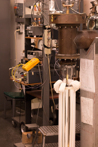 A vintage glass liquid helium cryostat, dating from the 1960s, retains some distinct advantages over newer systems and sees frequent use in Moodera lab.