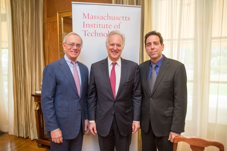 Left to right: MIT President L. Rafael Reif, Alan Leventhal, and codirector of the Center for Advanced Urbanism Alan Berger. Berger has been newly appointed to the Muriel and Norman Leventhal Family Foundation Fund professorship.