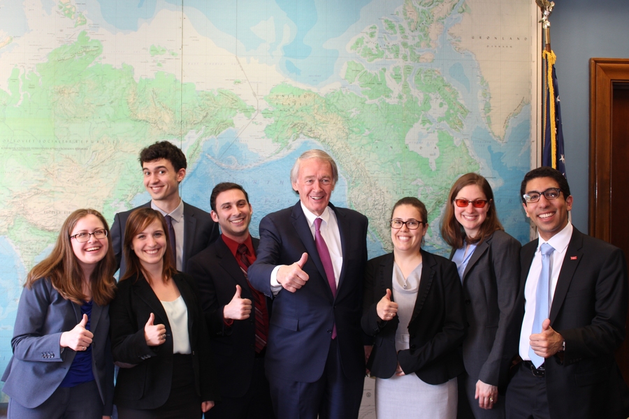 Left to right: Lisa Guay, Gabrielle Ledoux, Conor McClune, Daniel Rothenberg, Senator Ed Markey (D-MA), Ellie Bors, Rachel Hoffman Gilmore, Mohamad Ali Najia