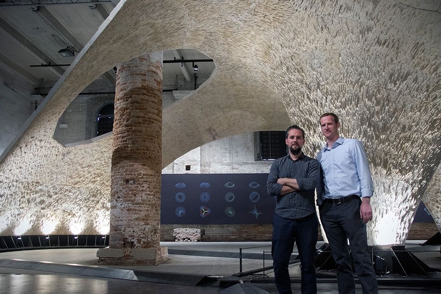 “Beyond Bending” is a second exhibition from Philippe Block 'SM 05 PhD '09 (left), associate professor at ETH-Zürich; Matthew DeJong 'SM 05 PhD '09 (right) senior lecturer at Cambridge University; and MIT Professor John Ochsendorf. Compression-only forms, such as this soaring and undulating vault, are not only uniquely expressive but also more efficient and ecological, the team states.