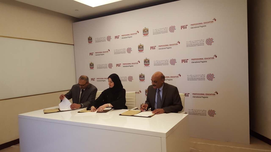 The signing ceremony between MIT and the Mohammed Bin Rashid Center. Left to right: Professor Sanjay Sarma, vice president of open education at MIT; Huda Al Hashimi, executive director of the Mohammed Bin Rashid Center under the UAE prime minister’s office; and Bhaskar Pant, executive director of MIT Professional Education.