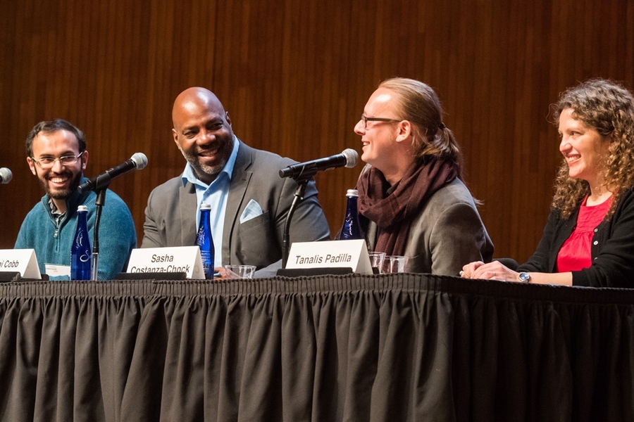 (Left to right): Abubakar Abid, Jelani Cobb, Sasha Costanza-Chock, and Tanalis Padilla. “Participation in social movements has a profound impact on us as people,” Costanza-Chock said.