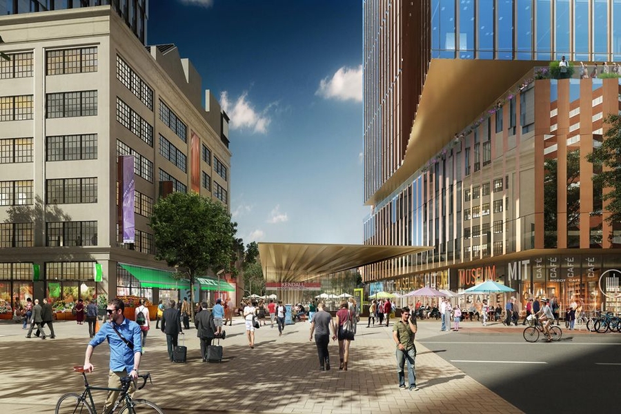 This artistic rendering shows a northwest-facing view of the future Kendall Square urban open space, an area filled with activity, art, beautiful landscaping, and spaces to study, grab a snack, or take a stroll.