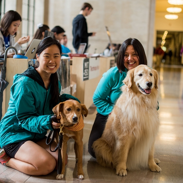 Puppy Lab founder Stephanie Ku (left) poses with Wingnut and Puppy Lab team-in-training Ann Peters of MIT Lincoln Lab and Pythagoras.