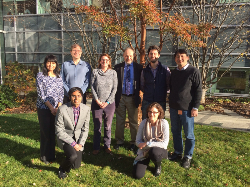 The research team that developed and demonstrated the near-infrared fluorescence imaging system includes: (standing left to right) Nandini Rajan and Andrew Siegel of the Lincoln Laboratory; Angela Belcher of MIT; Michael Birrer, Lorenzo Ceppi, and Young Jeong Na of the Massachusetts General Hospital (MGH); (kneeling left to right) Neelkanth Bardhan of MIT; and Giulia Fulci of MGH.