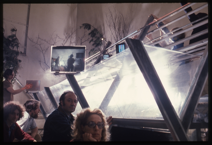 CAVS Fellows test the "Centerbeam" kinetic sculpture collaboration in 1977.