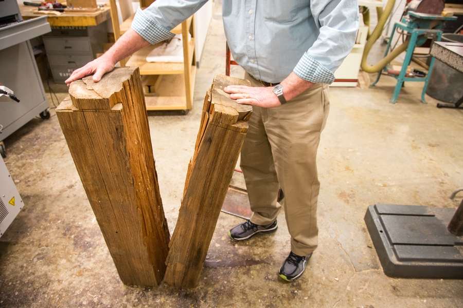 Ken Stone, director of the MIT Hobby Shop, led the building project, giving the students a crash course in workworking. Under his direction, the students started work on the press by milling down a huge beam taken from an old building. They planed the wood, chamfered its edges, and smoothed the surfaces to eliminate chipping.