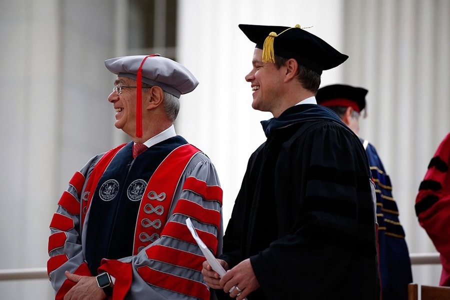 MIT President L. Rafael Reif (left) and guest speaker Matt Damon looked on during MIT’s 2016 Commencement ceremony in Killian Court.