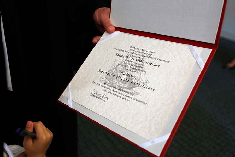 Damon received an authentic MIT Pirate Certificate, in reference to a scene from “The Martian,” in which Damon’s character declares himself a space pirate.