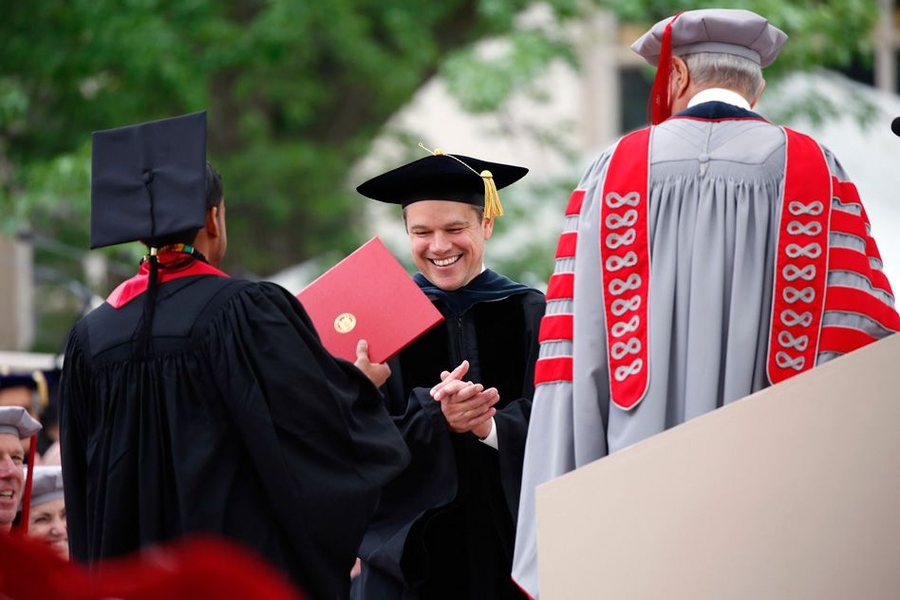 Invoking a scene from “The Martian,” in which actor and MIT Commencement speaker Matt Damon’s character declares himself a space pirate, MIT President L. Rafael Reif presented Damon with an authentic MIT Pirate Certificate.