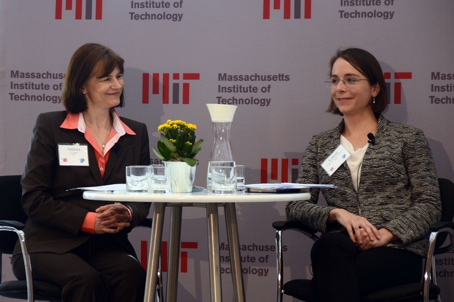 Andrea Campbell (left), head of the MIT Department of Political Science and the Arthur and Ruth Sloan Professor of Political Science, and Valerie Karplus, assistant professor of global economics and management, take part in a panel discussion at the Technology and Policy Program 40th anniversary event.