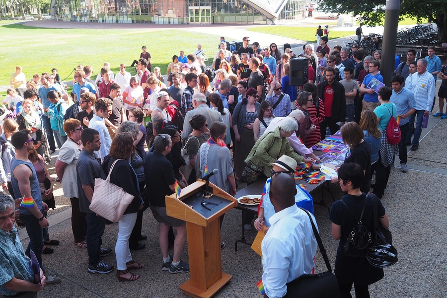 Community members gathered outside of Building W20 in advance of the procession.