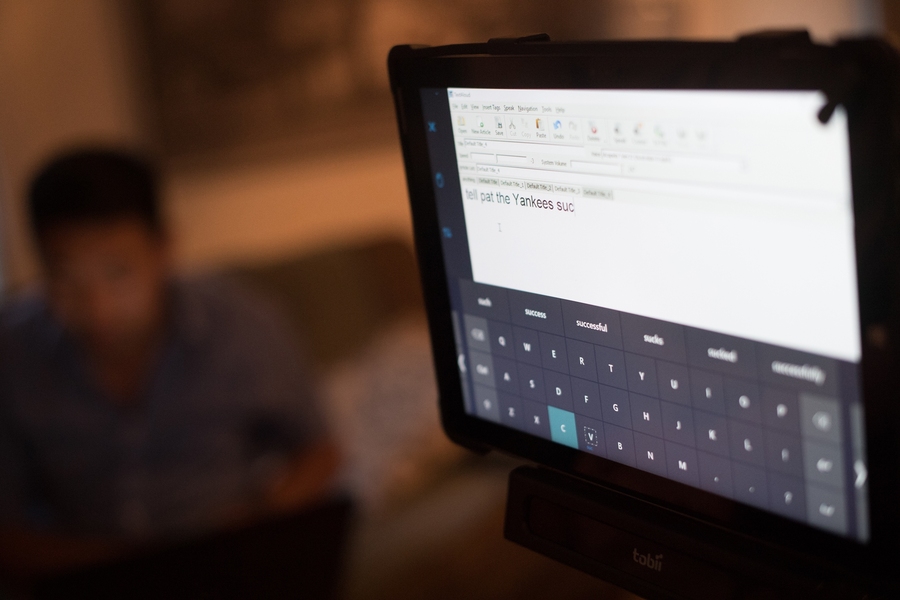 Currently, Bobby Forster uses computer technology to turn his gaze into words. It is painstaking work. At eight words per minute, he is faster than most. With the rest of the team, he is seeking a better solution.