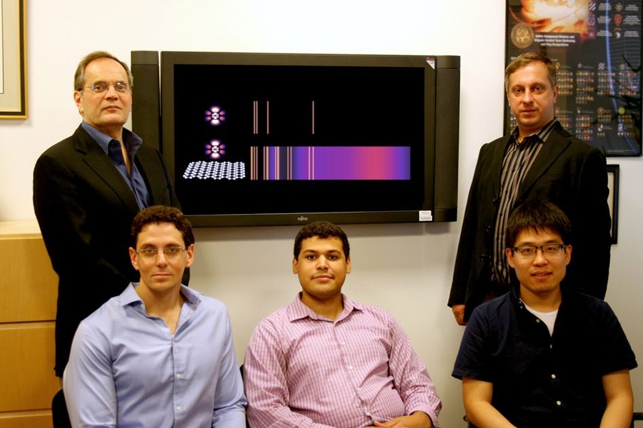 Left to right, front row: Ido Kaminer, Nicholas Rivera, and Bo Zhen. Back row: professors John Joannopoulos and Marin Soljacic