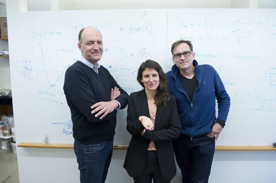 Left to right: Roland Pellenq of the Department of Civil and Environmental Engineering (CEE), Katerina Ioannidou of the MIT Energy Initiative, and Franz-Josef Ulm of CEE have developed a detailed understanding of the nanoscale forces at work as cement hardens — a critical step toward developing stronger, longer-lasting, less carbon-intensive concrete for “greener” construction in the future.