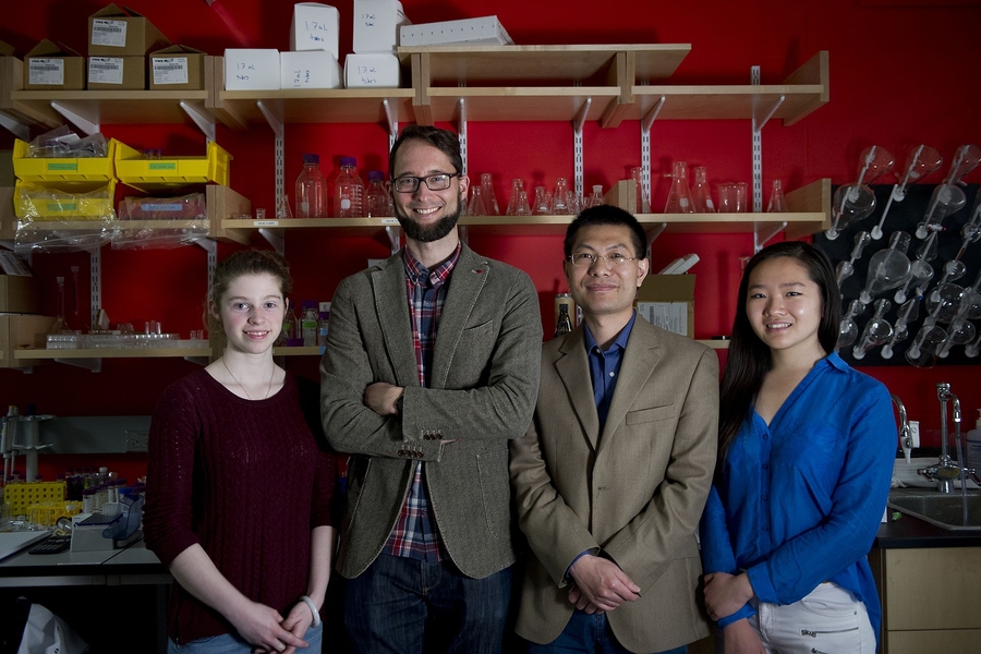 Left to right: Rebecca Gallivan, Niels Holten-Andersen, and Pangkuan Chen of the MIT Department of Materials Science and Engineering and Caroline Liu of the Department of Mechanical Engineering are creating fluorescent polymer gels that change color when they’re disturbed.