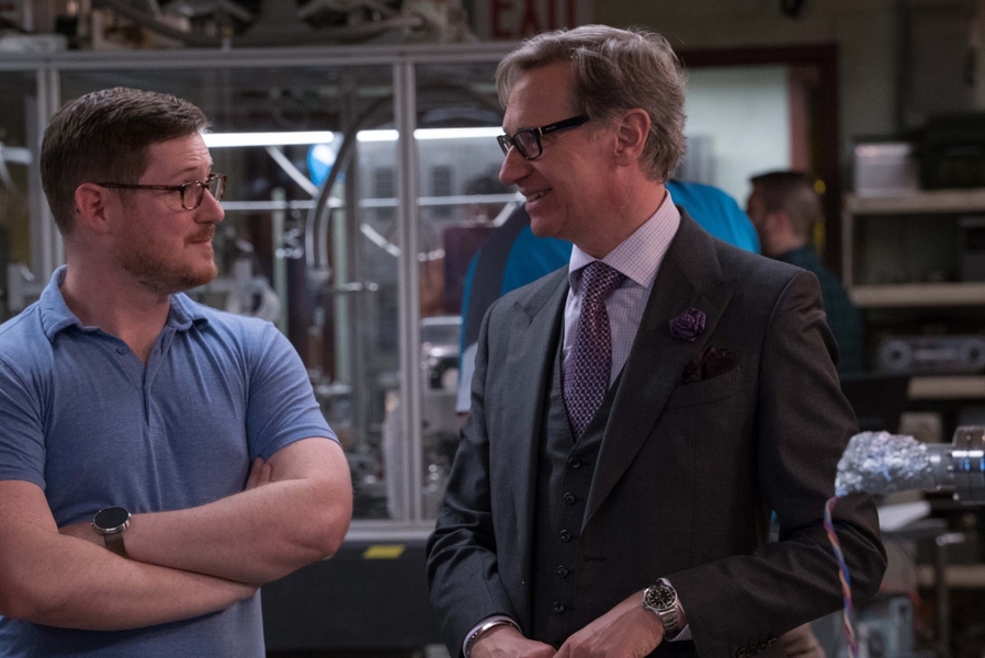 James Maxwell (left), an MIT postdoc during filming of the new "Ghostbusters," consults with director Paul Feig.