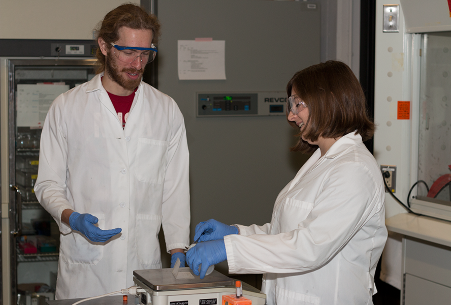 Graduate student Frank McGrogan (left) is supervising the work of Summer Scholar Erica Eggleton on lithium manganese oxide electrodes for lithium ion batteries in the Van Vliet Lab.