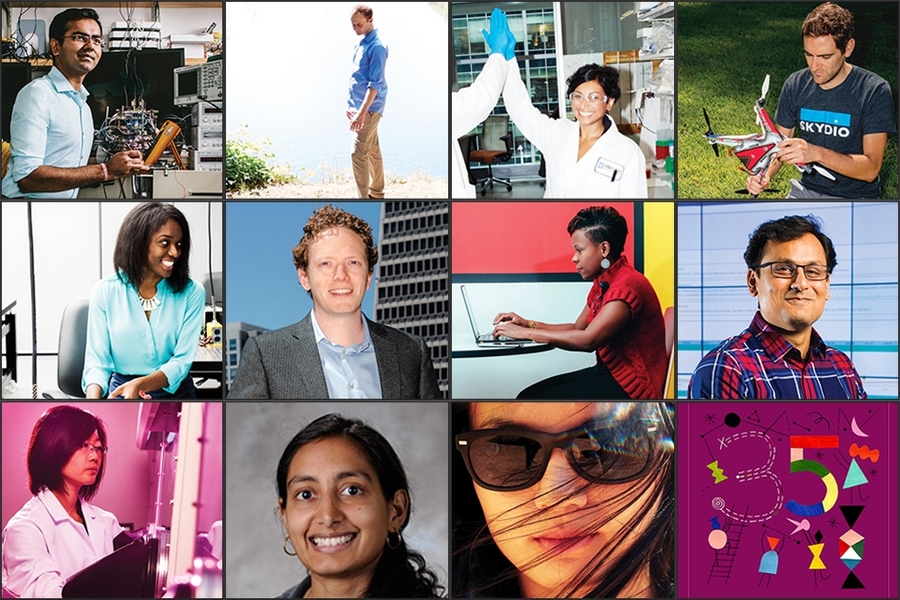 Eleven faculty, staff, and alumni were named to the MIT Technology Review 2016 TR35. Top row: (l-r) postdoc Dinesh Baradia, Assistant Professor Kevin Esvelt, researcher Sonia Vallabh, Adam Bry ’12. Middle row: (l-r) Muyinatu Lediju Bell ’06, Jonathan Downey ’06, Stephanie Lampkin MBA ’13, Ehsan Hoque PhD ’13. Bottom row: (l-r) Ying Diao SM ’10, PhD ’12; Maithilee Kunda ’06; Jean Ya...