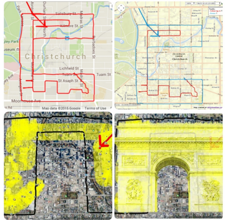 Arc de Triomphe painted using GPS cycling app in Christchurch, NZ. 