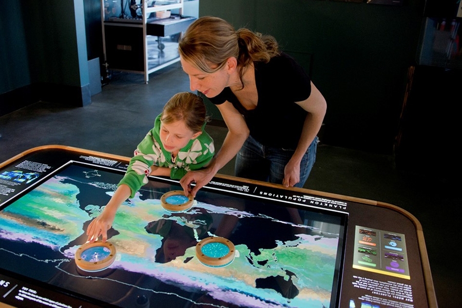 Computer simulations based on Dutkiewicz’ phytoplankton models have produced global maps of ocean color like this “Living Liquid” exhibit at the San Francisco Exploratorium — an interactive touchscreen table showing phytoplankton types in different colors.