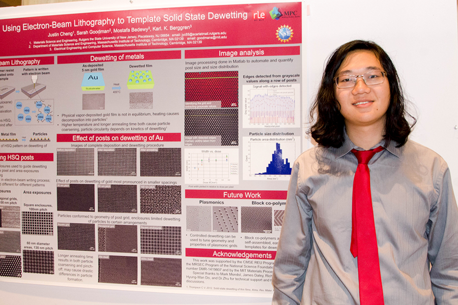  MPC-CMSE Summer Scholar Justin Cheng presents his work at a poster session Aug. 4. Cheng worked this summer in MIT professor of electrical engineering Karl K. Berggren’s Quantum Nanostructures and Nanofabrication Group to fabricate templates for forming ordered patterns of gold nanoparticles on silicon using electron-beam lithography. 