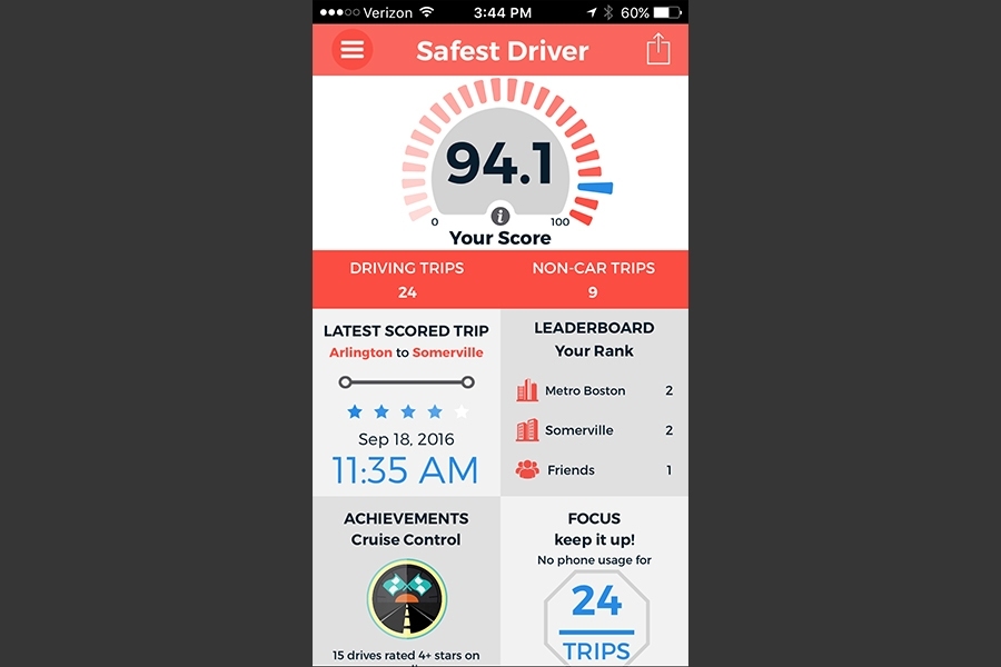 The Boston’s Safest Driver Competition uses an app that measures driver safety. Data is collected with a smartphone’s sensors, such as accelerometers, gyroscopes, and position sensors.