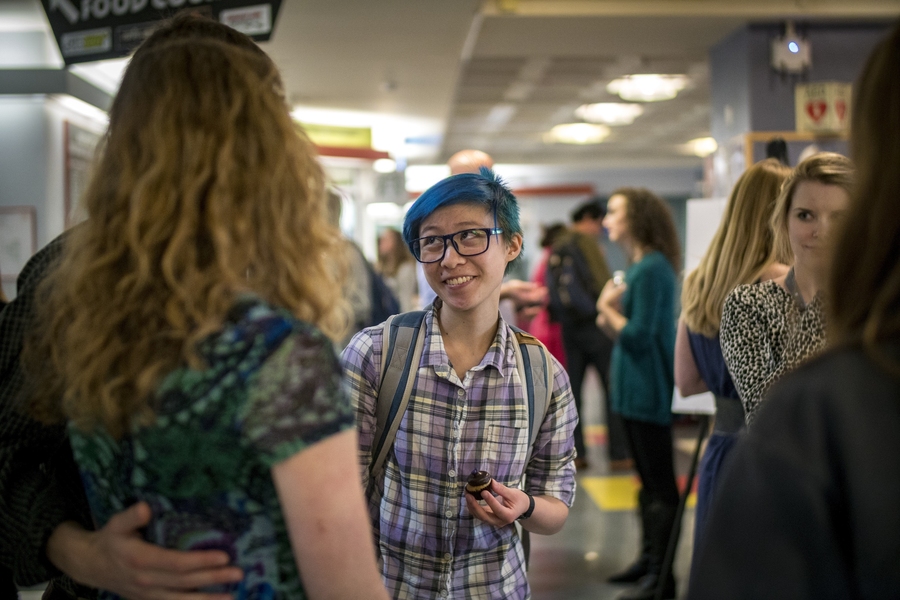 MIT senior Lorraine Wong, co-chair with Jared Berezin on the MindHandHeart Initiative’s Help-Seeking Working Group, told a Student Center crowd, “MIT is becoming a place where people can talk about these things, which is my favorite thing about MIT and being a senior — seeing all of this happening.”