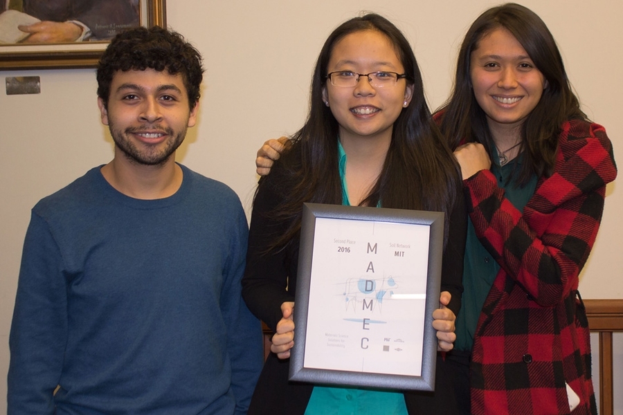 Second-place team, The Soil Network, earned a $7,000 prize for inventing a novel soil treatment to fight erosion and retain nutrients. The team members are DMSE undergraduates (from left) Erick Hernandez, Cynthia Lo, and Jaz Harris.