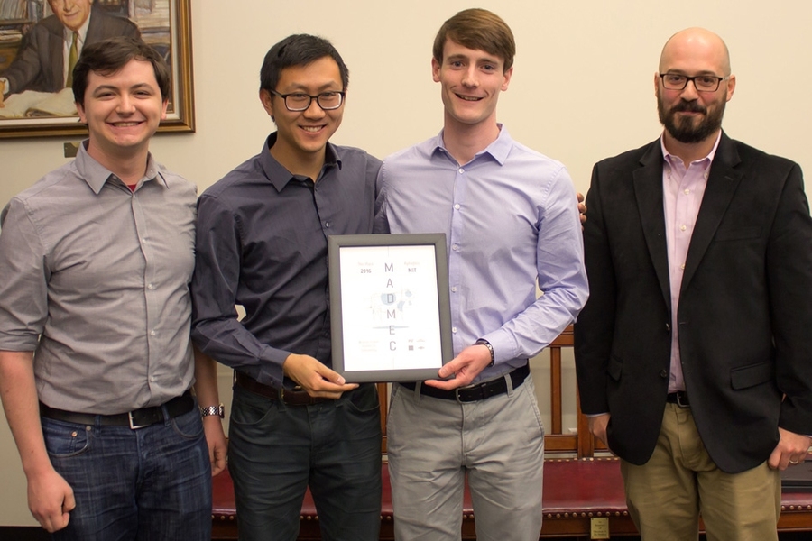 A third-place prize of $5,000 went to HydroGlass, a team of PhD students that developed a hydrogel that can be used to manufacture self-shading windows. Pictured (from left) are HydroGlass team members Seth Cazzell, Jonathan Hwang, and Jerome Michon, along with Michael Tarkanian, a lecturer in DMSE who runs MADMEC.