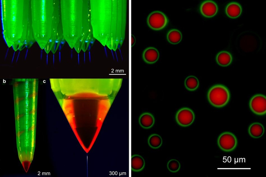 The emitters that produce the microspheres have two openings — a hole and a concentric ring, each fed by separate microfluidic channels. Under precisely calibrated conditions, the material drawn through the outer ring encases the material drawn through the center hole, creating an encapsulated particle.
