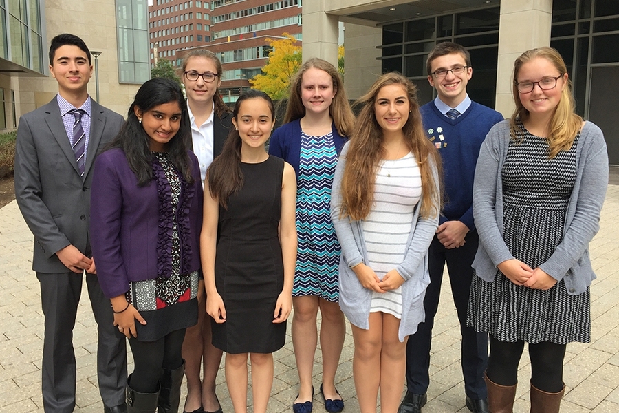 2016 MassJAS presenters: (left to right) Alex Jayyosi, Aarushi Pendharkar, Christine Schremp, Tal Usvyatsky, Emma Kelly, Mary Zgurzynski, Evan Mizerak, and Natasha Garland. 