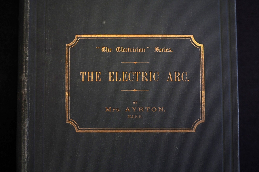 MIT’s copy of electrical engineer Hertha Ayrton’s influential “The Electric Arc” dates to 1902. The book is dedicated to friend and fellow British feminist Barbara Bodichon, after whom Ayrton named her first daughter.