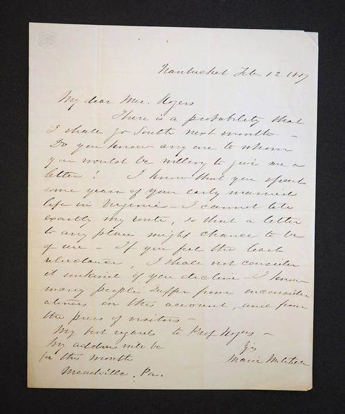 A handwritten personal letter from pioneering Massachusetts astronomer Maria Mitchell to her friend Emma Rogers harkens back to MIT’s early years: In her closing salutation, Mitchell gives her regards to Rogers’ husband, MIT founder William Barton Rogers.
