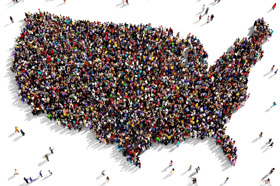 Rendering of United States filled up as thousands of people