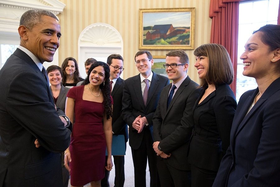 President Barack Obama speaks with the Office of Science and Technology Policy Social and Behavioral Sciences team in the Oval Office.