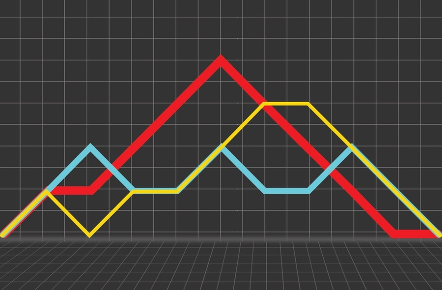 In this illustration, each colored line represents a different state of a “spin chain,” which can be thought of as the magnetic orientations, or spins, of a string of quantum particles. Where the line rises, the spin is up; where it falls, the spin is down; and where it’s flat, the spin is zero. MIT researchers modeled the entanglement of a quantum system as the “superposition” of such s...