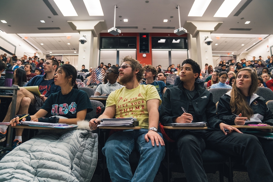 The atmosphere in Room 10-250, a spacious auditorium four floors directly beneath the MIT Dome, is relaxed. First-year students describe Grossman’s enthusiasm about solid-state chemistry as engaging and “seriously contagious.”
