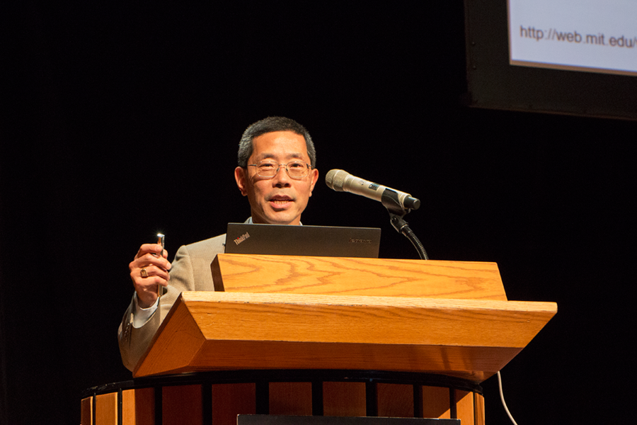 MIT Department of Materials Science and Engineering Professor Yet-Ming Chiang speaks at the 2016 Materials Day Symposium. He believes his latest research on a new air-breathing, water-based sulfur flow battery intended for long-duration grid storage can match the cost of pumped water and compressed air storage technologies.