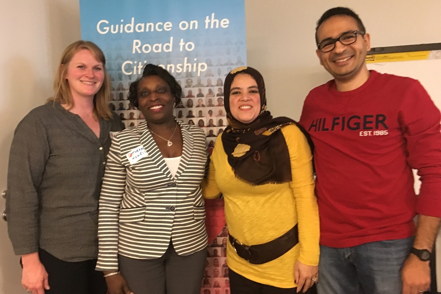Left to right: HR volunteers Sarah Peterson and Theresa Howell with MIT research scientist Islam Hussein and his wife Randa Azab.