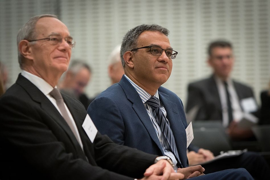 The researchers were honored at a Nov. 21 reception featuring past and current awardees, hosted by MIT President L. Rafael Reif (left). Vanu Bose ’88, SM ’94, PhD ’99 (right), son of the late Amar Bose, a longtime member of the MIT faculty and the founder of Bose Corporation, spoke at the reception.