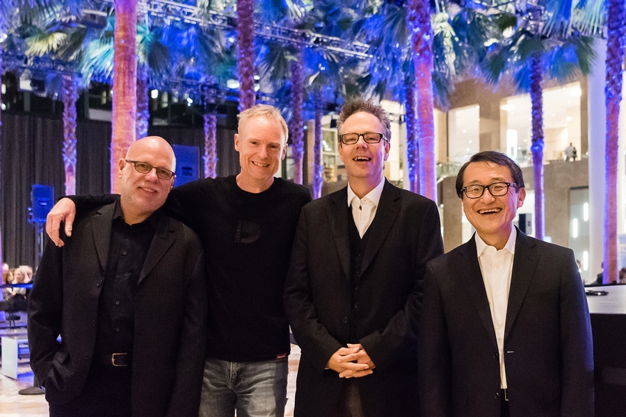 Left to right: Donald Nally, conductor; John Schaefer, New Sounds Live producer; Pete M. Wyer, composer; Shigeru Miyagawa, MIT professor of linguistics
At the premiere event: Miyagawa observed, "Pete literally pulled off that idea that if you take language and drop the words, what you have is a system with which you can communicate, but without specific lexical meaning. Instead, you communicate...