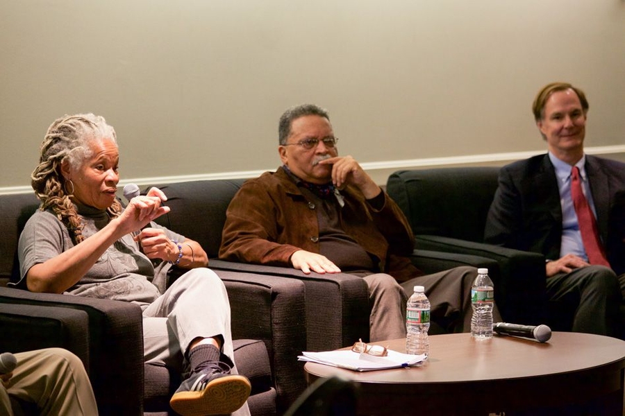 The 1960s were “a heady time for the nation,” recalled civil rights activist Janet Moses, left, at a luncheon celebrating “Activism in the Era of MLK.” Topper Carew, middle, a filmmaker originally from Boston’s Roxbury neighborhood and a principal investigator at MIT’s Media Lab, was also on the panel led by Institute Community and Equity Officer Edmund Bertschinger, right.