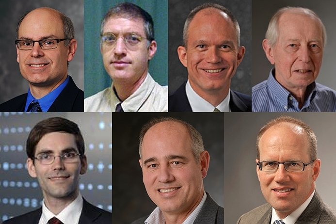 The 2017 IEEE Fellows from MIT are (clockwise from top left) Robert Cunningham, Dov Dori, Paul Juodawlkis, Daniel Oates, Steven Smith, Frank Robey, and Tomás Palacios.