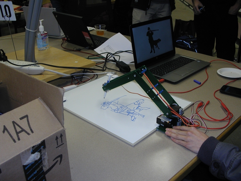 Lujing Cen’s automaton is capable of rendering images from the internet, such as this picture of a hunter with his dog.