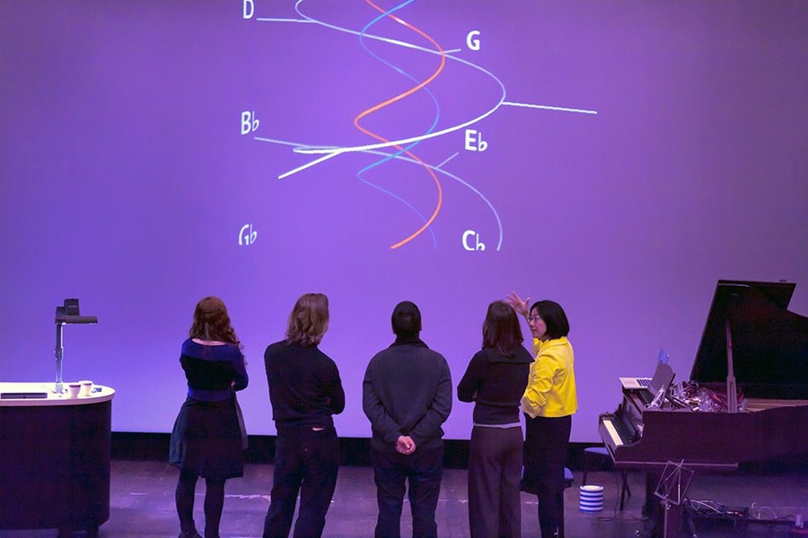 Elaine Chew describing her spiral array model to other composers.