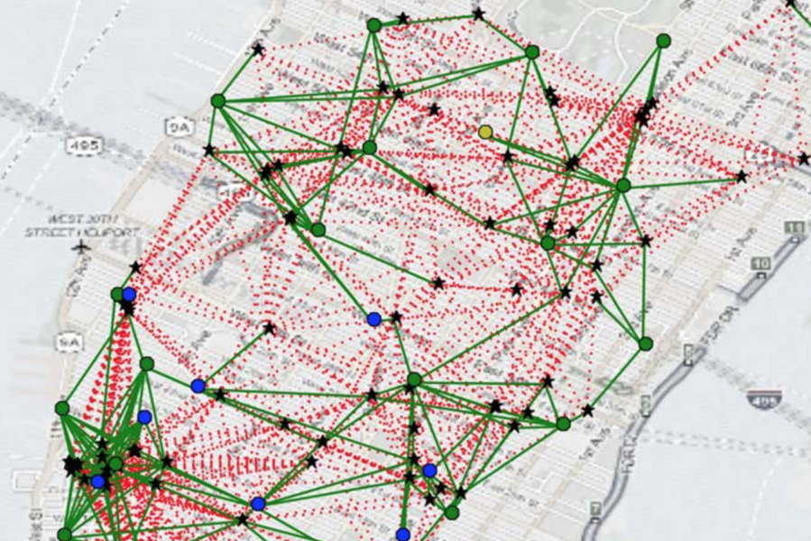 A new MIT system first creates a graph of vehicles (circles) and ride requests (stars) in a city, and then uses a method called “integer linear programming” to compute the best assignment of vehicles to trips. 
