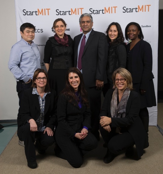 Front row (l-r): Angela Belcher, Kym McNicholas, Katie Rae. Back row (l-r): Joi Ito, Regina Barzilay, Anantha Chandrakasan, Cynthia Breazeal, Donna Levin.