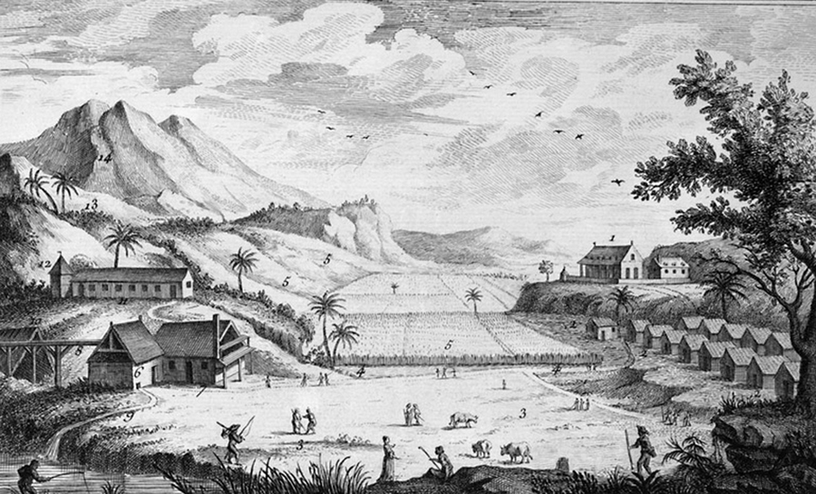 Ghachem notes: "Any history of Haiti that begins with the revolutionary years leading up to Haitian independence in 1804, or any period thereafter, will necessarily lack a handle on just how deeply rooted are Haiti’s current circumstances." The image depicts a sugar plantation in the French West Indies, around 1762.